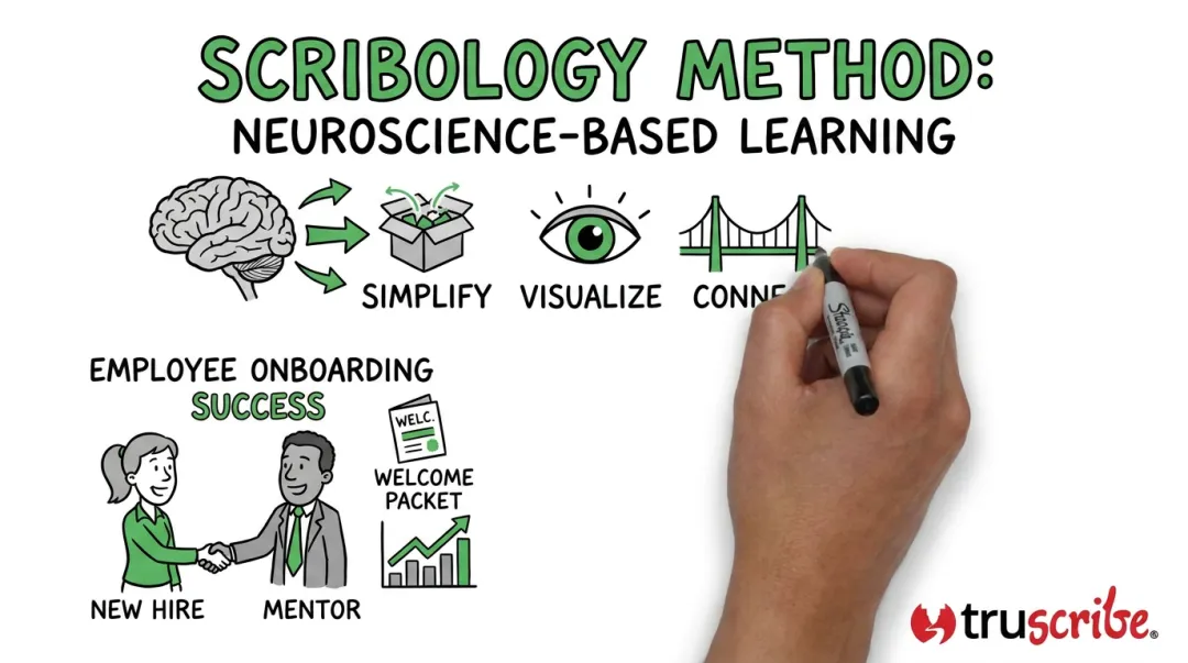 TruScribe whiteboard animation video frame showing Scribology hand-drawn employee training content