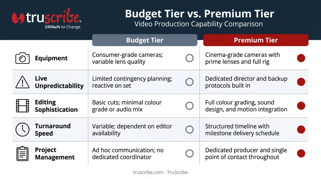 Budget versus premium event videographer side-by-side feature comparison infographic