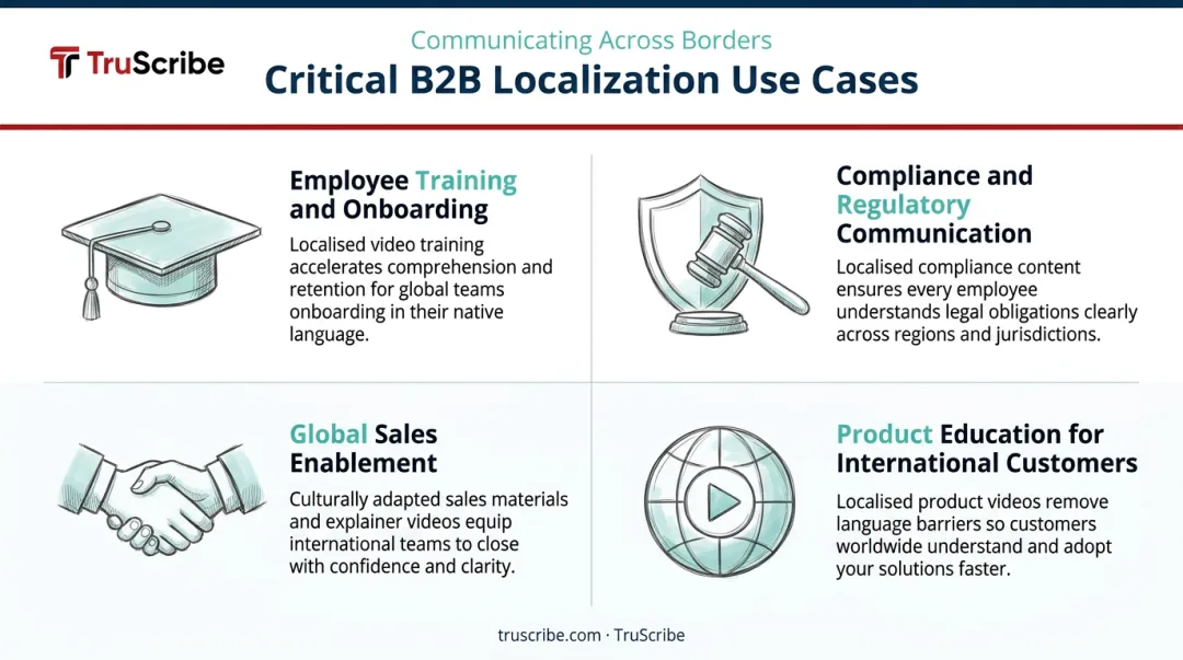 Four critical B2B video localization use cases infographic for enterprise organizations