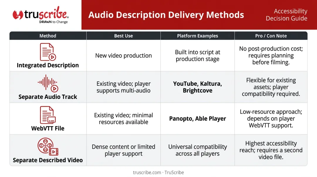 Four audio description delivery methods comparison chart by video type and platform support