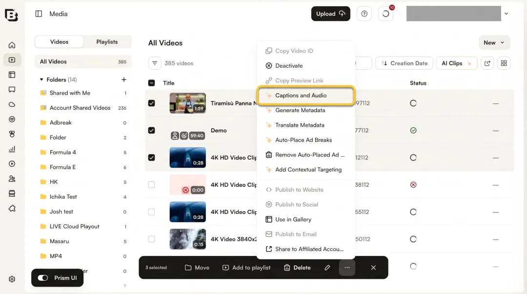 Video accessibility platform dashboard showing audio description track configuration settings