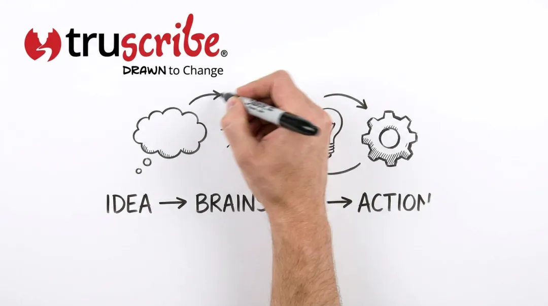 TruScribe whiteboard animation production process showing hand-drawn Scribology storytelling video