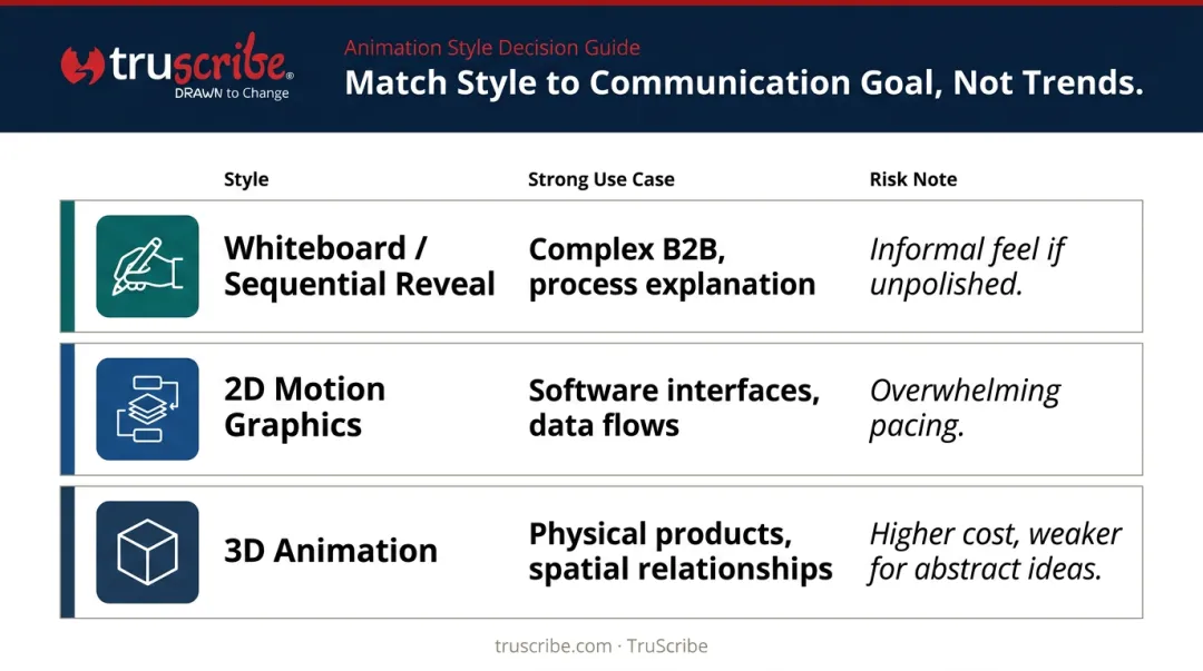 Animation style comparison table whiteboard 2D motion graphics and 3D use cases