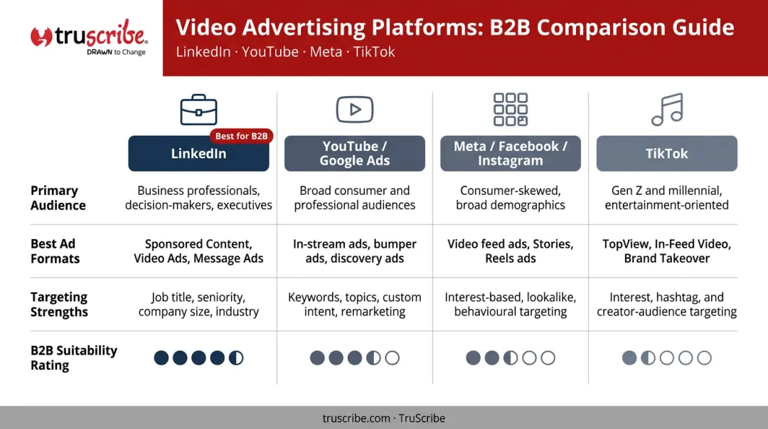 B2B video advertising platform comparison chart LinkedIn YouTube Meta TikTok features
