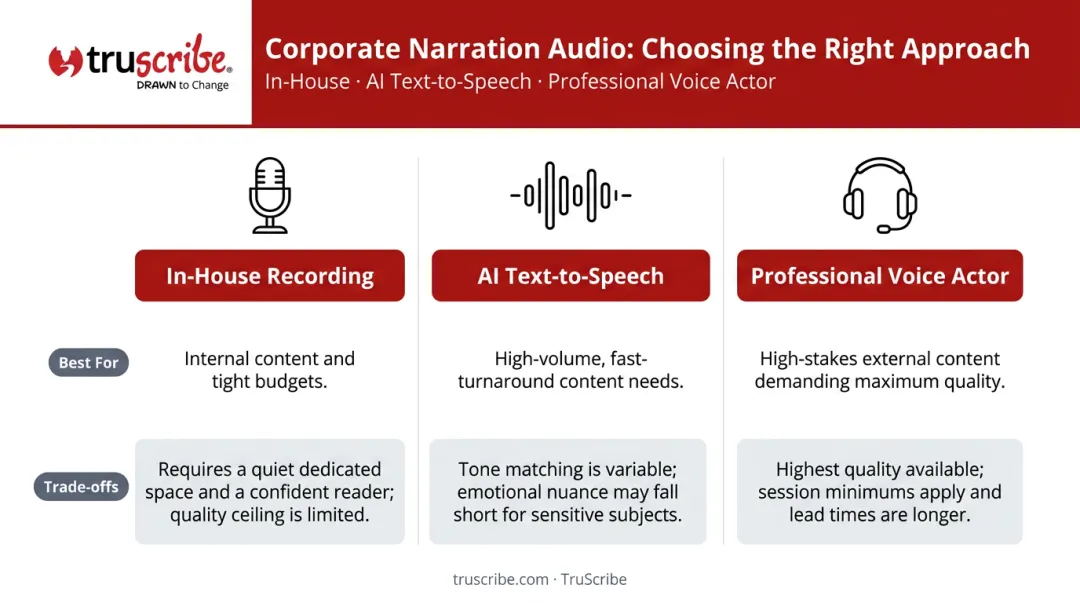 Three narration audio sourcing options comparison chart for corporate video production