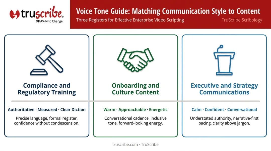 Voice tone register matching guide for three corporate narration video content types