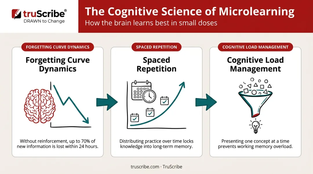 Three cognitive science mechanisms behind effective microlearning retention infographic