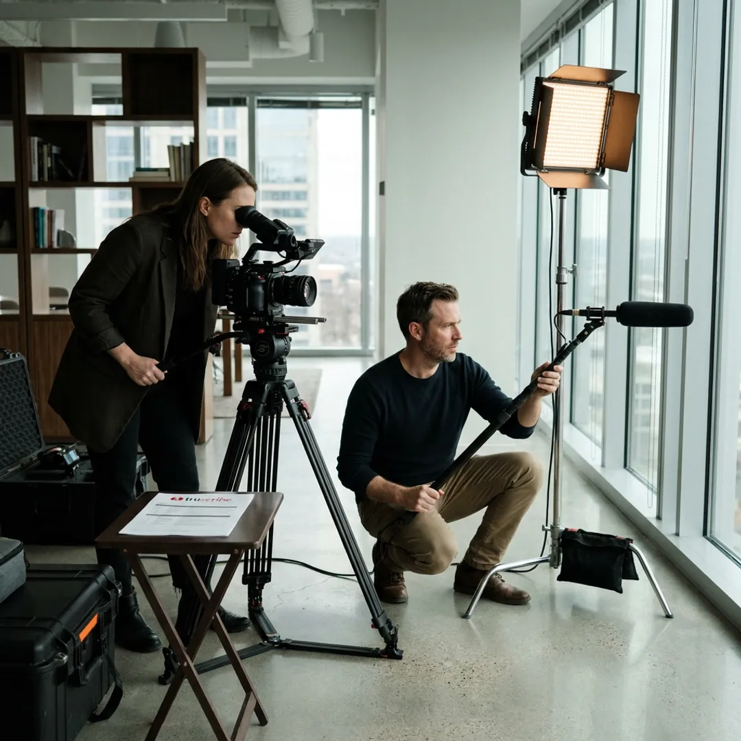 Professional video production crew filming a business interview