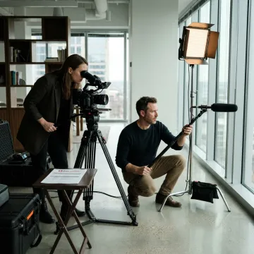 Professional video production crew filming a business interview