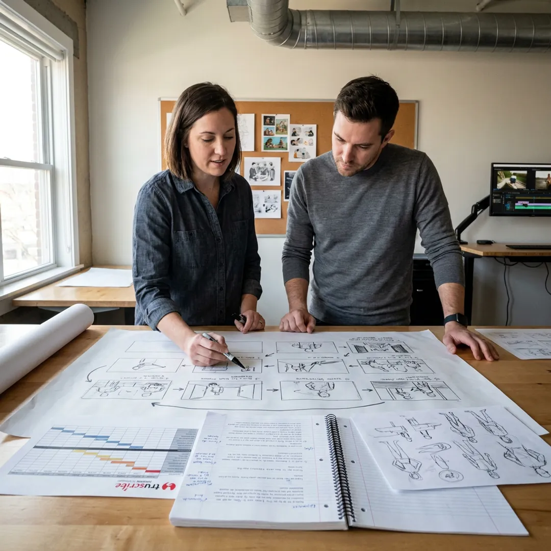 Creative team planning a business video storyboard