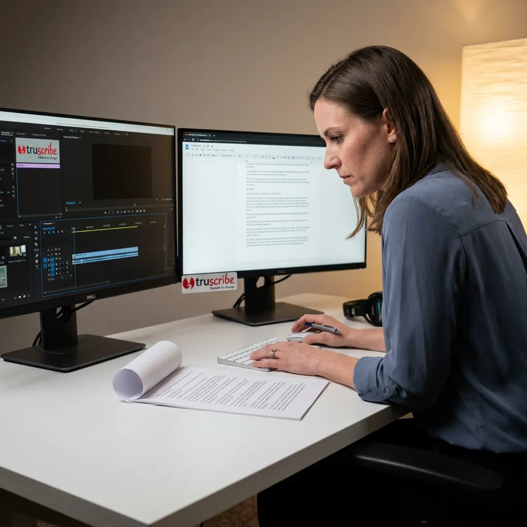 Professional video transcription on computer screen