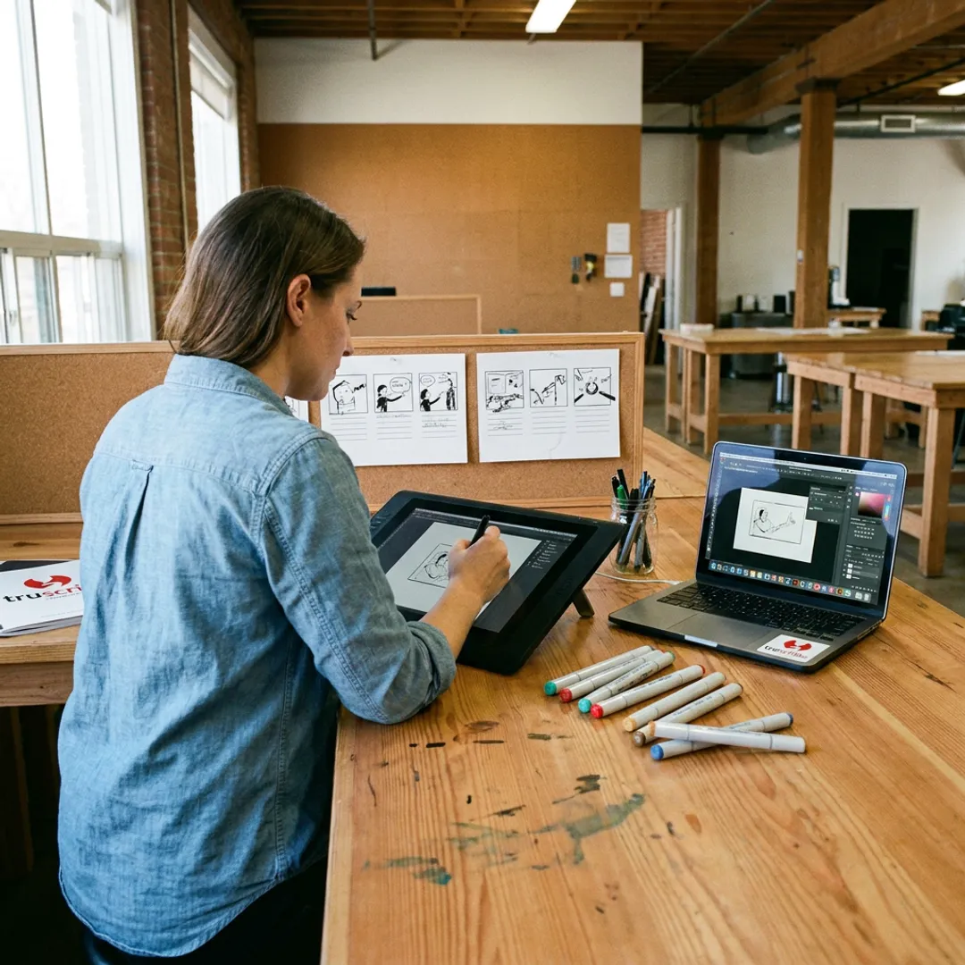 Illustrator creating custom business visuals in a studio