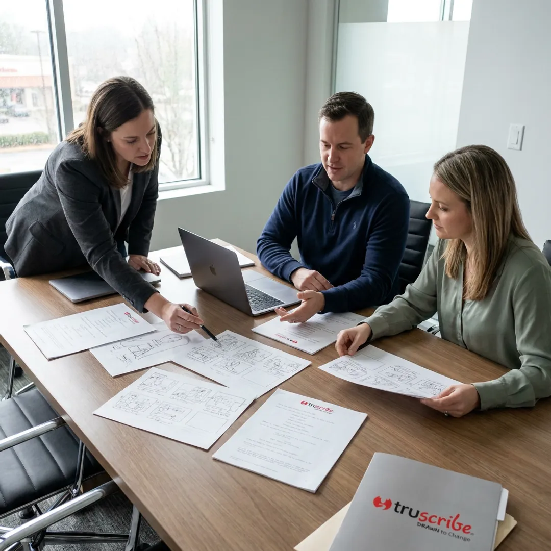 Corporate communications team reviewing visual strategy
