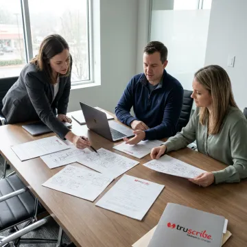 Corporate communications team reviewing visual strategy