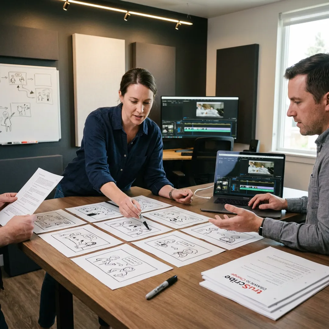 Video production team reviewing storyboard and footage