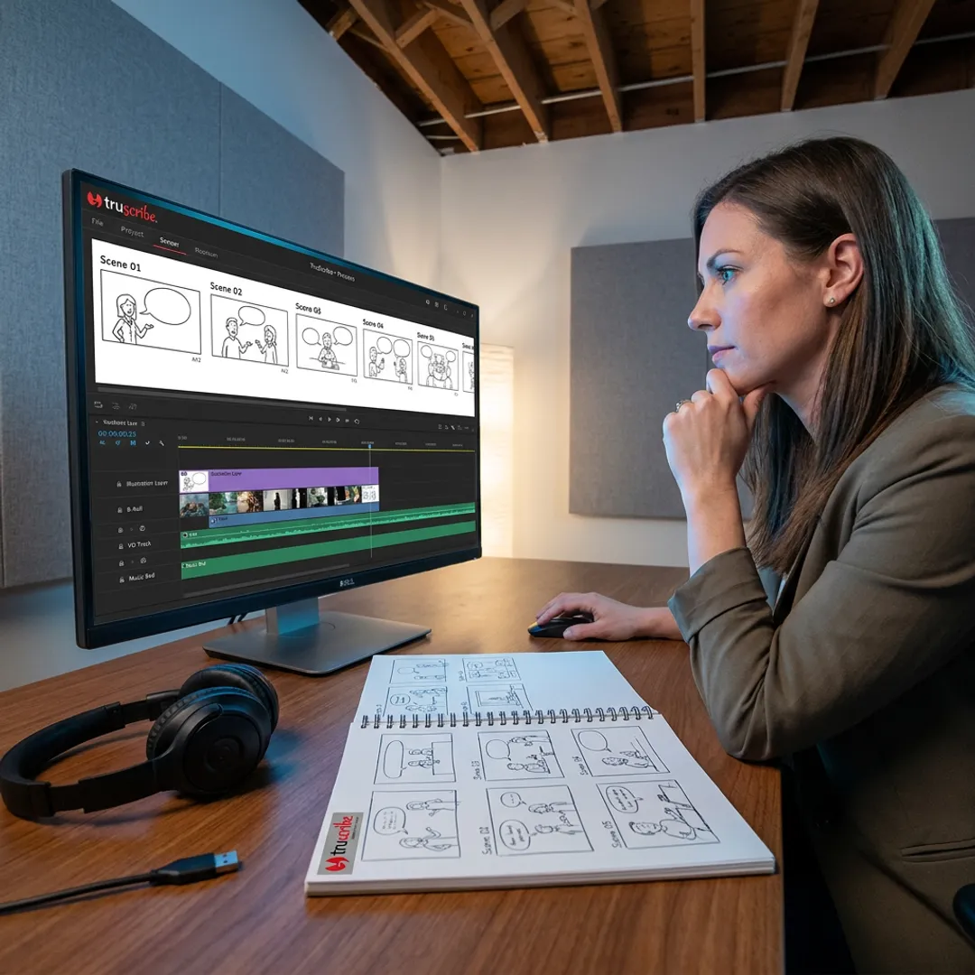 Video editor reviewing timeline and production notes