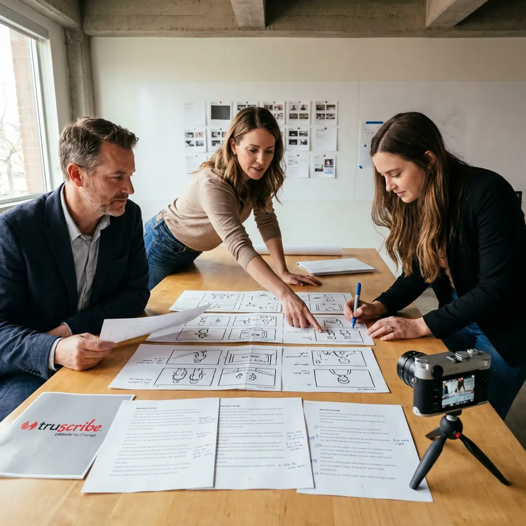 Video team reviewing legal storyboard and production notes