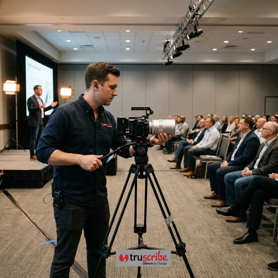Videographer filming a corporate event presentation