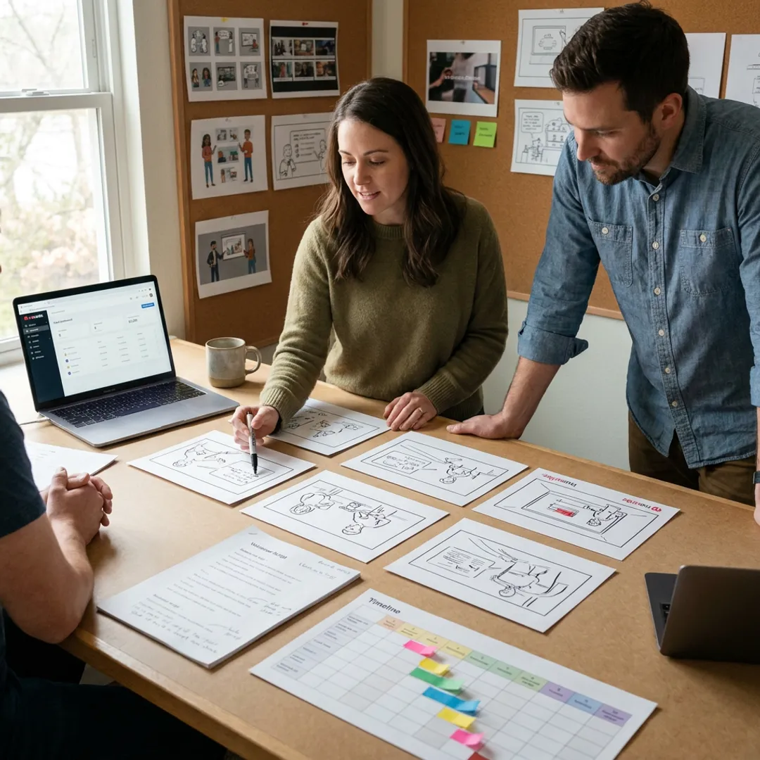 Team reviewing SaaS explainer storyboard