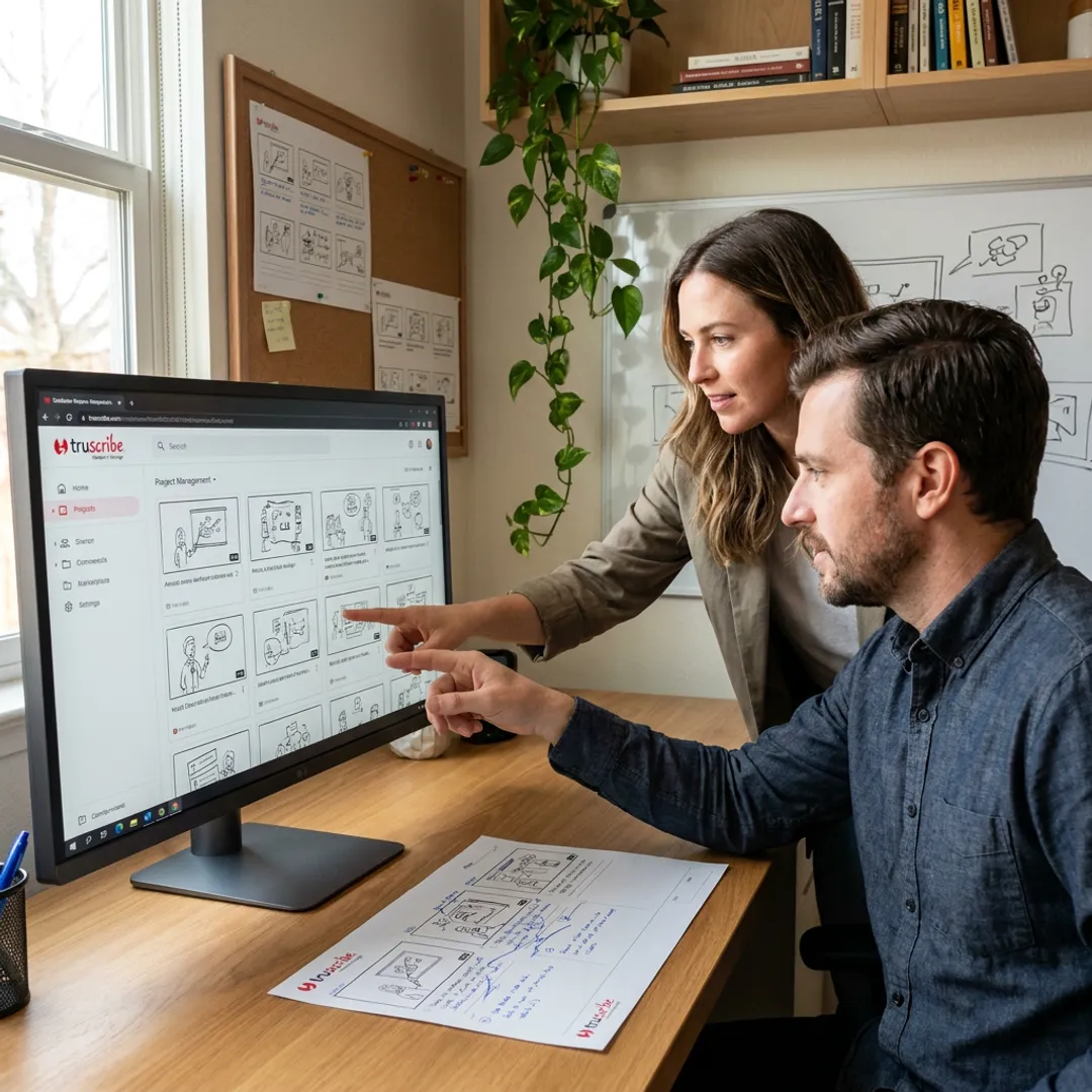 Startup team reviewing animated explainer video storyboard