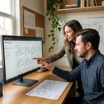 Startup team reviewing animated explainer video storyboard