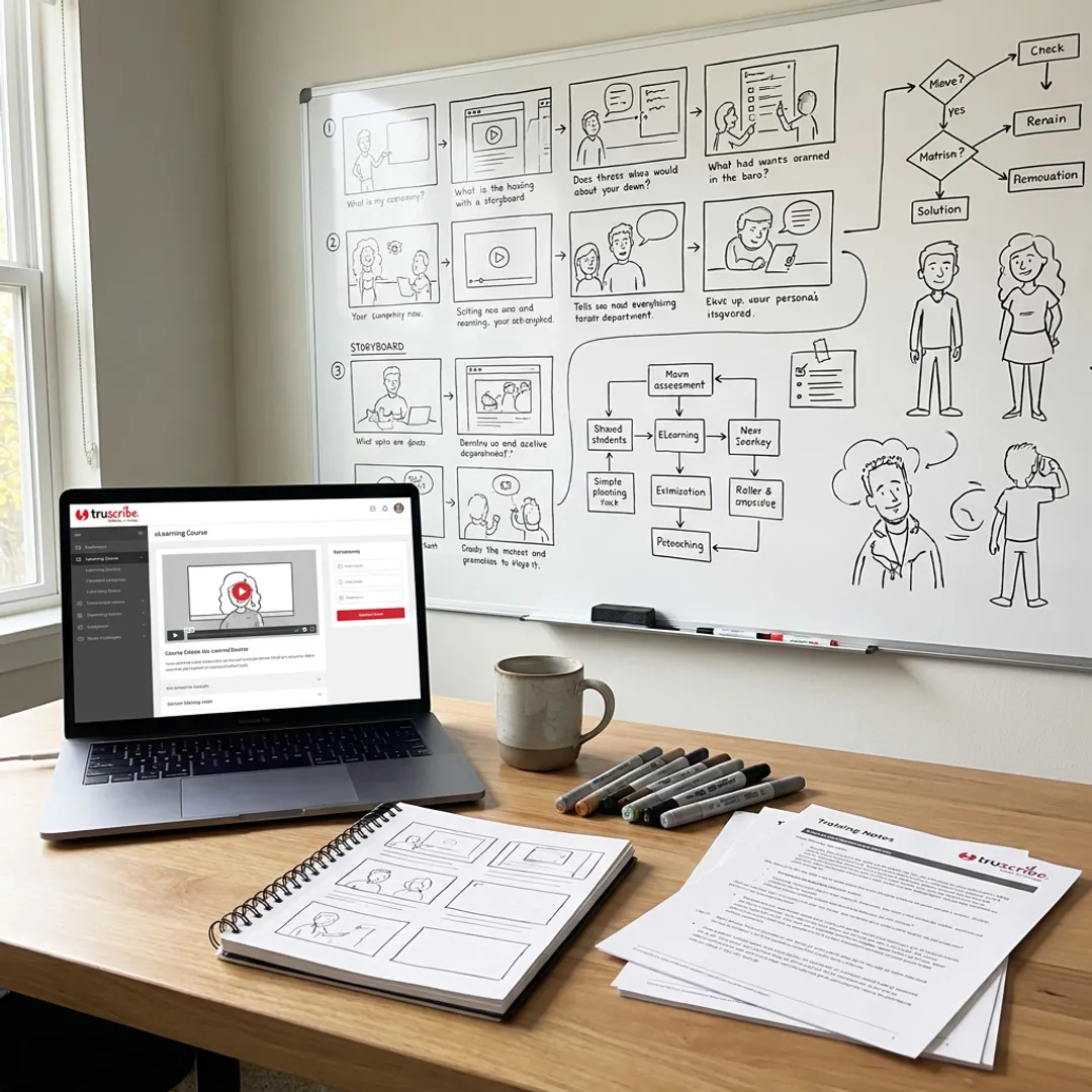 Illustrated eLearning design and development workspace