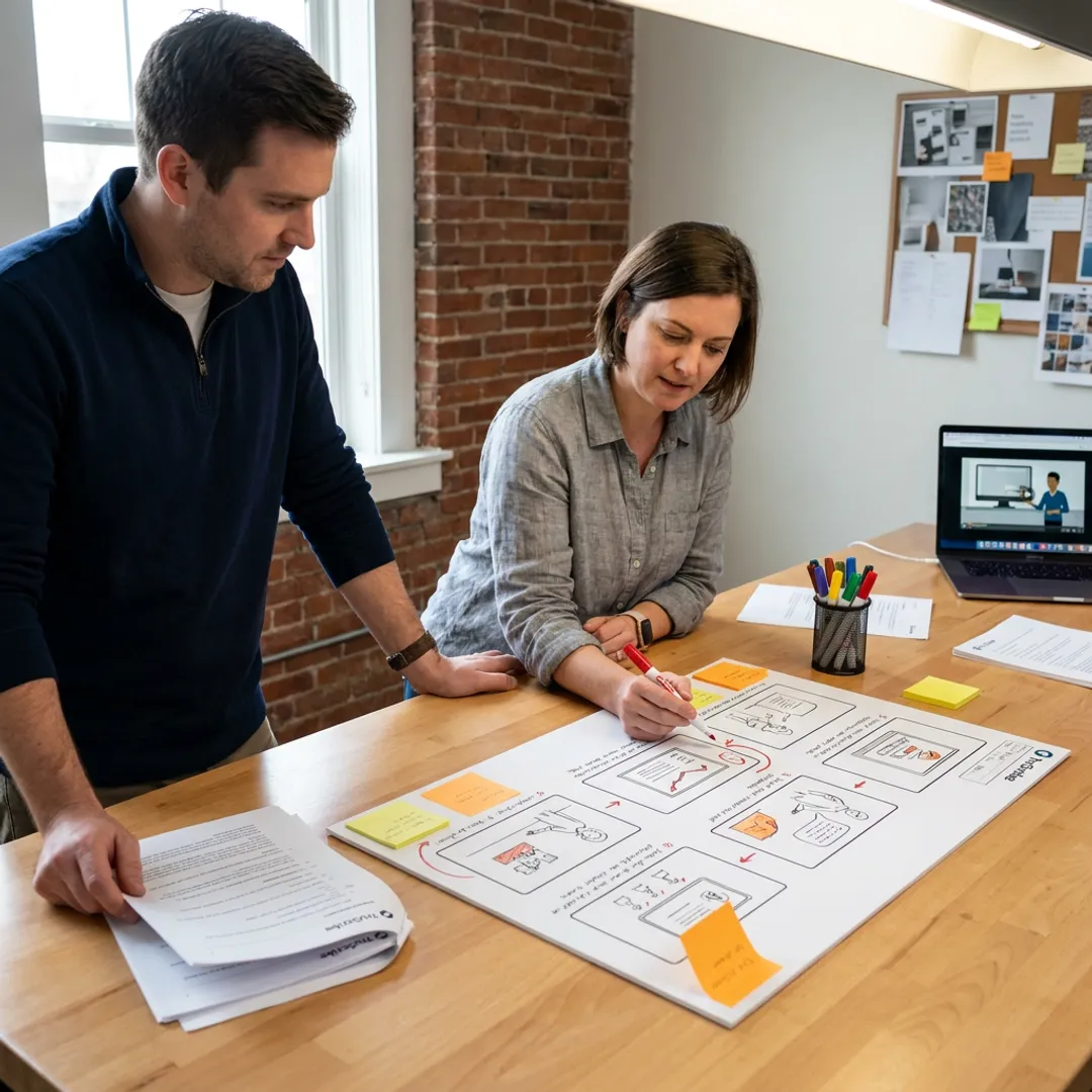 Team reviewing illustrated eLearning storyboard