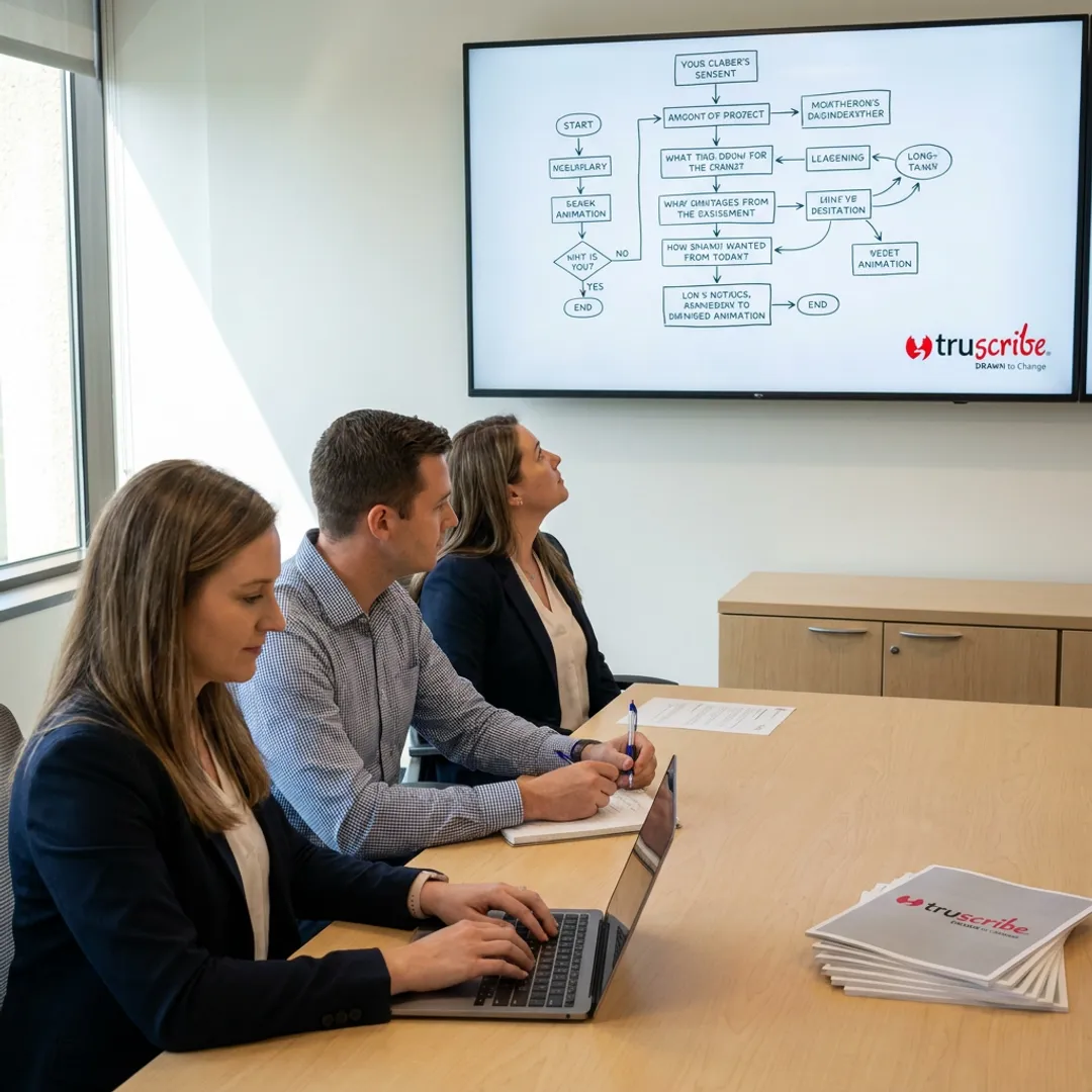 Corporate learning workshop with whiteboard visuals