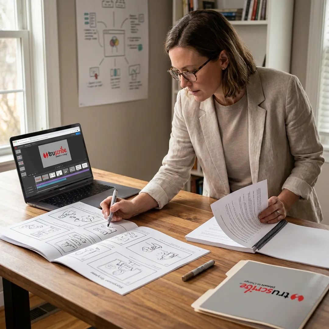 Instructional designer reviewing illustrated eLearning storyboard