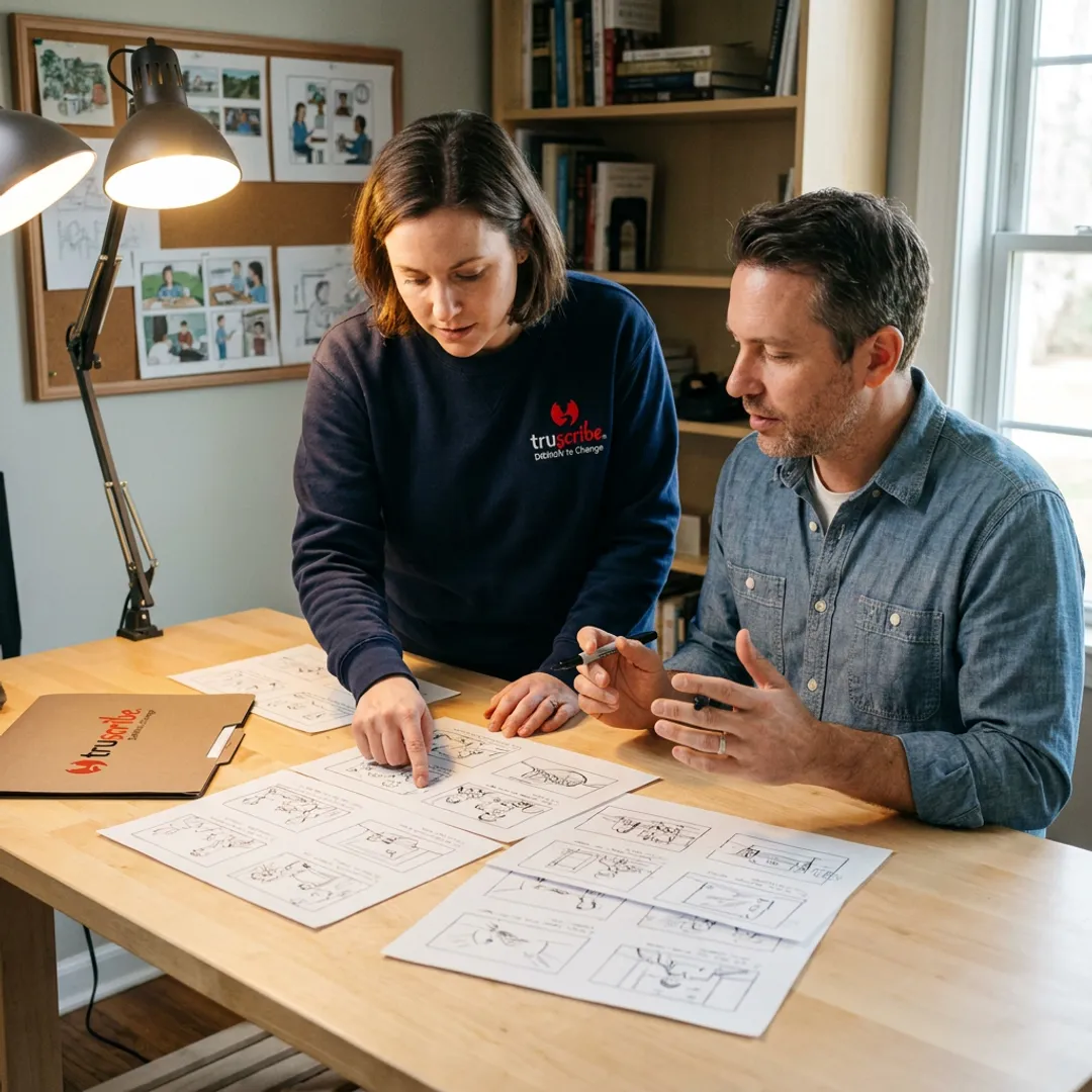 Video production team reviewing a whiteboard storyboard
