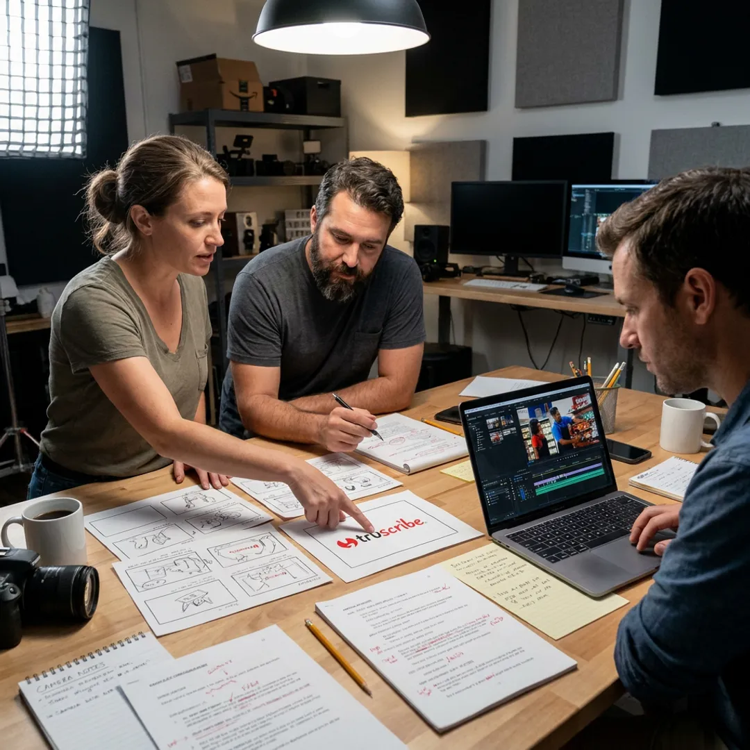Video production team reviewing a storyboard