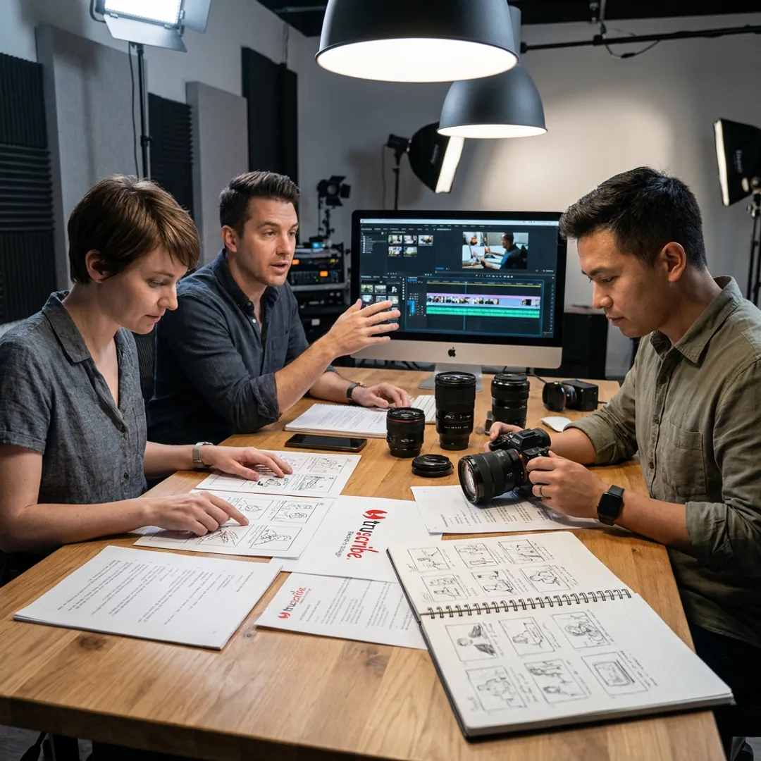 Video production team planning a corporate video