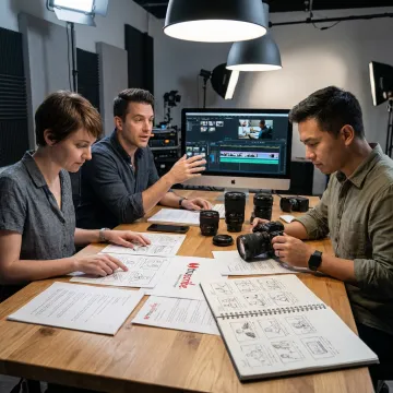 Video production team planning a corporate video