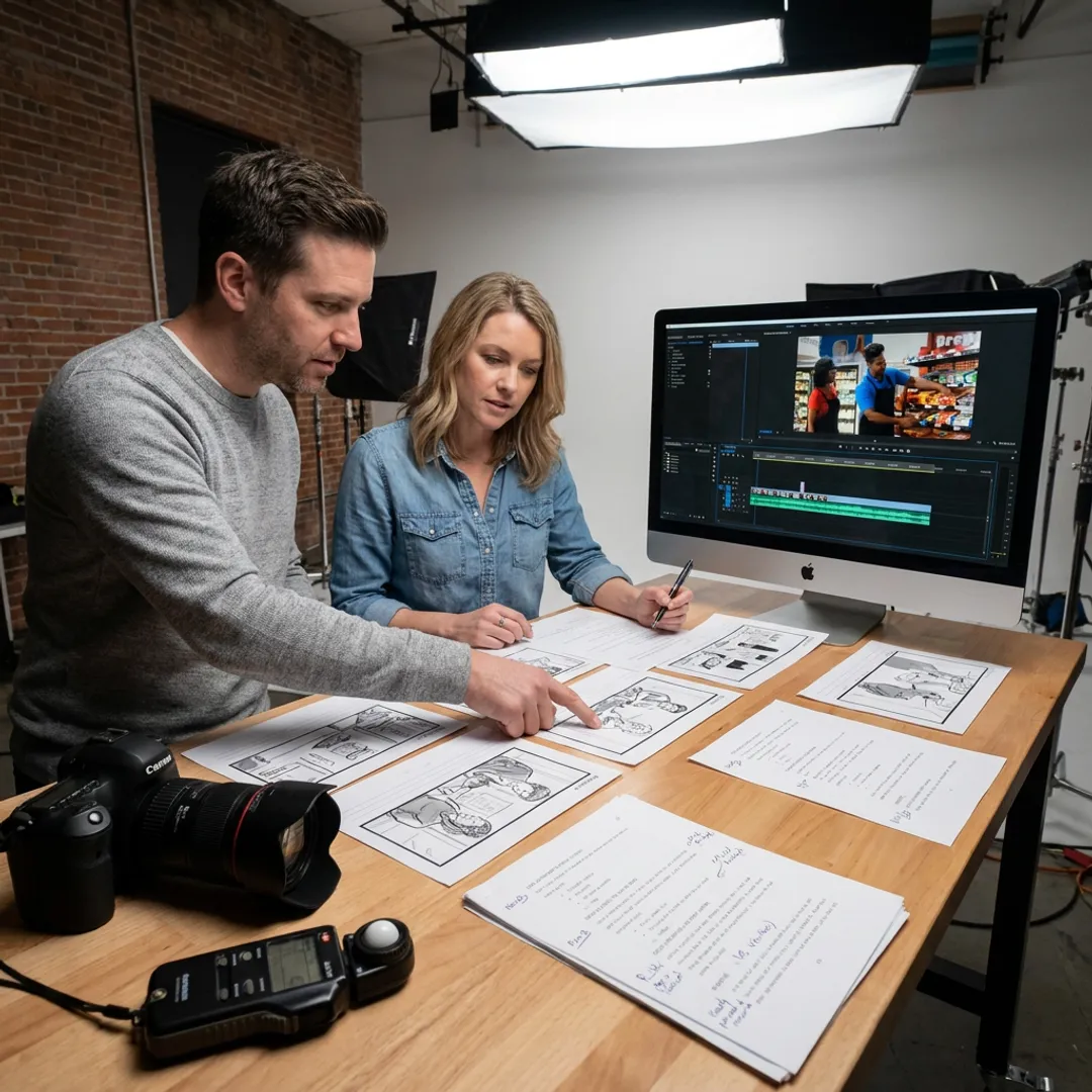 Video production team planning a business explainer video