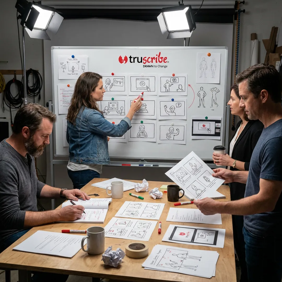 Video production team reviewing a storyboard