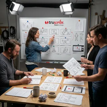 Video production team reviewing a storyboard