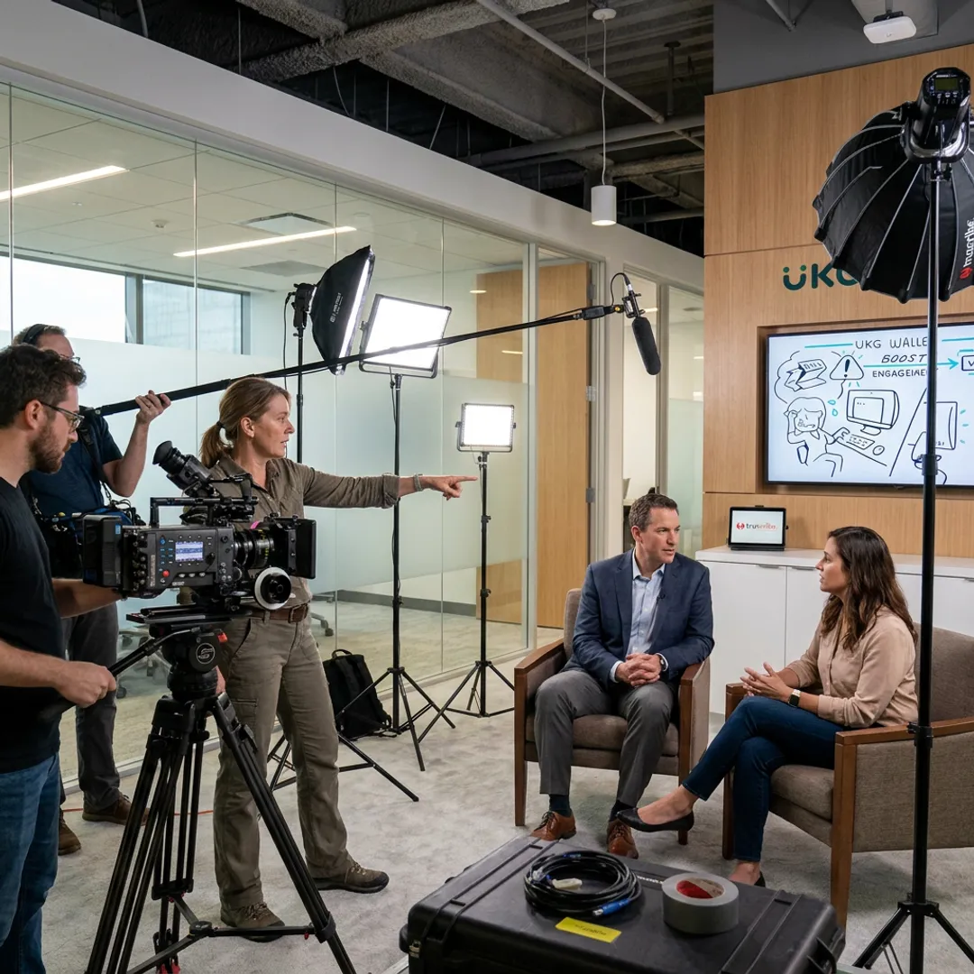 Professional video production crew filming a business interview