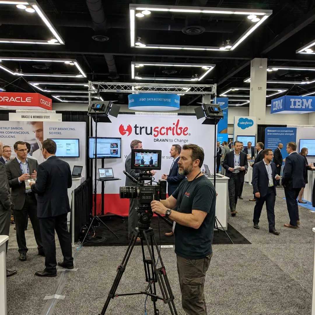 Conference videographer filming an exhibitor booth