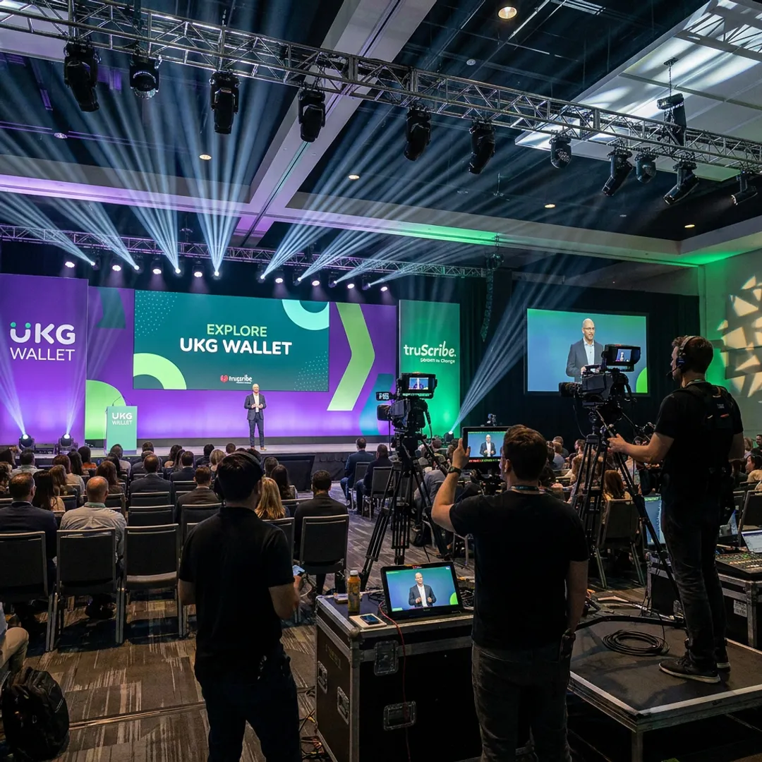 Corporate event videography team filming a keynote presentation