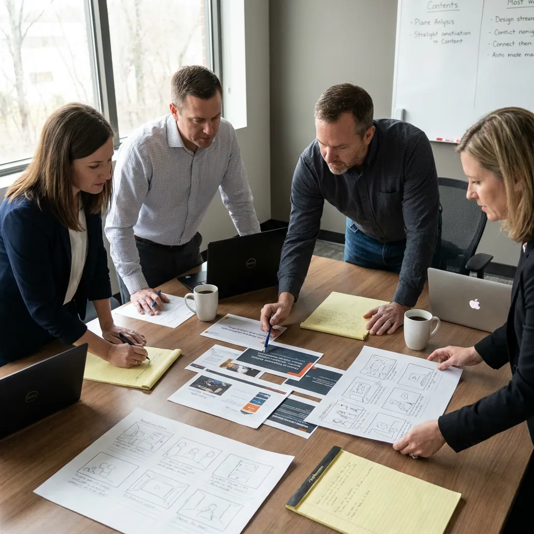 Presentation team reviewing slide structure