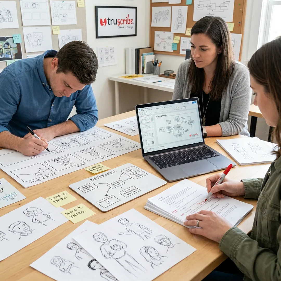E-learning design team creating digital training content