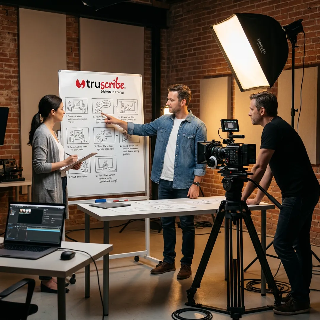 Video team planning storyboard and production setup