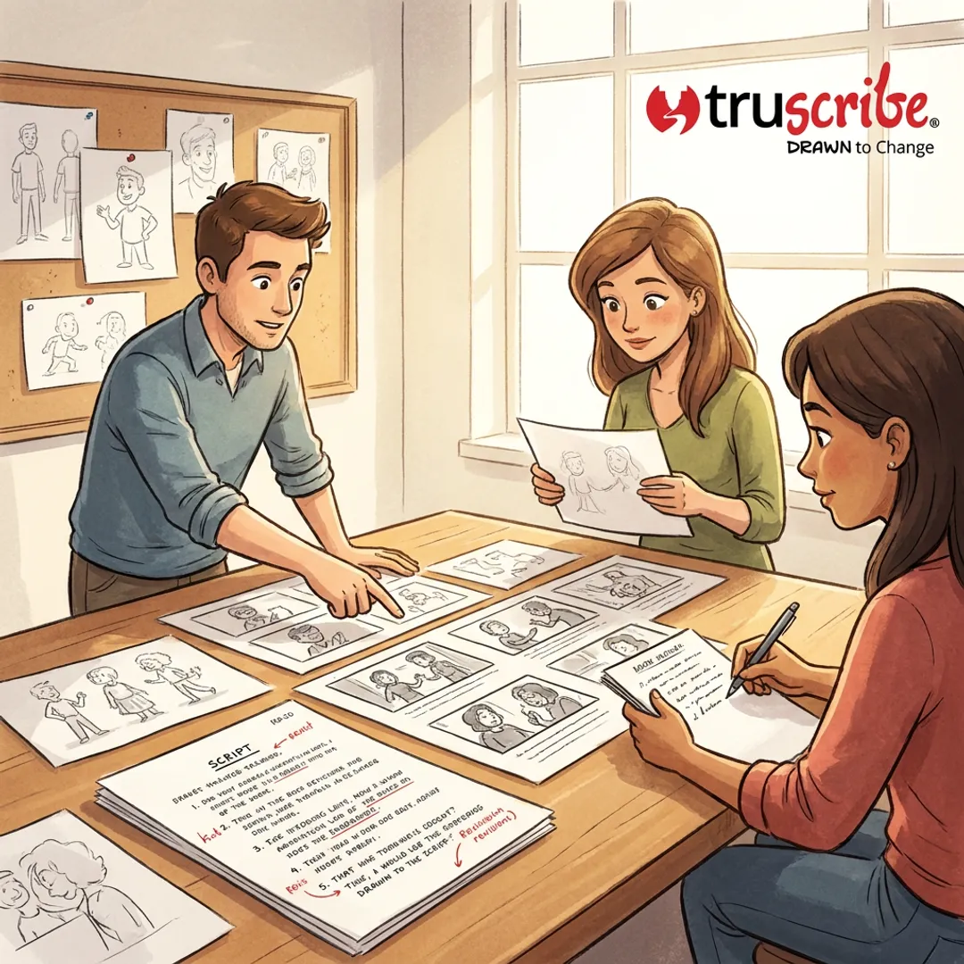 Creative team reviewing illustrated storyboard concepts