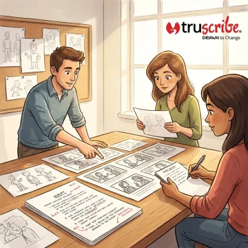Creative team reviewing illustrated storyboard concepts