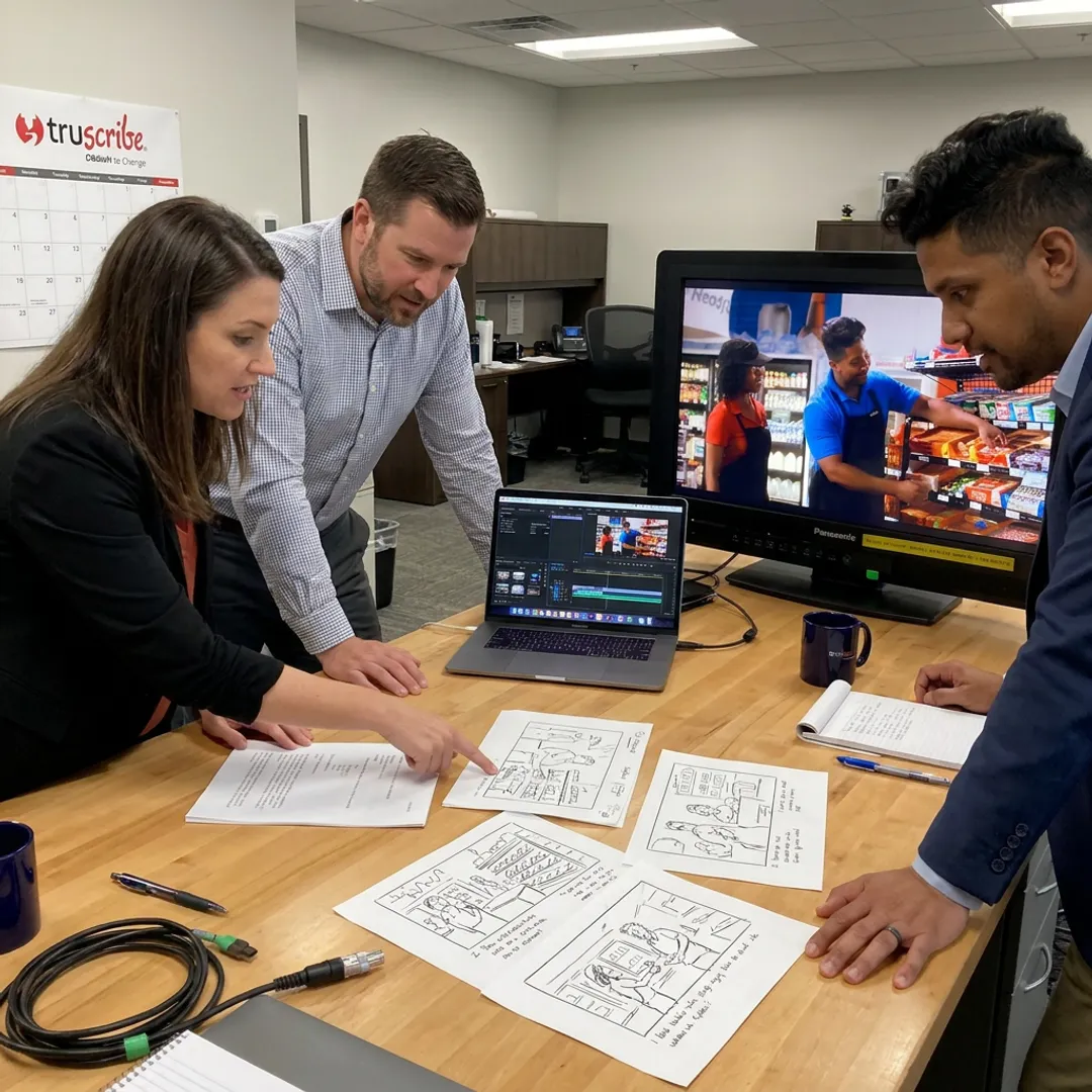 Video production team reviewing a corporate storyboard