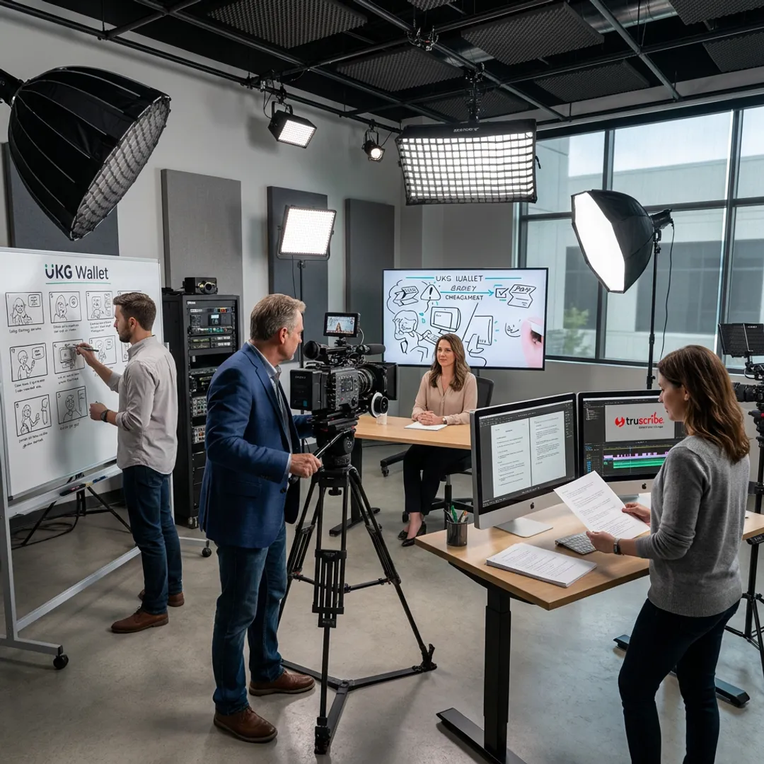 Professional video production team filming and editing business content