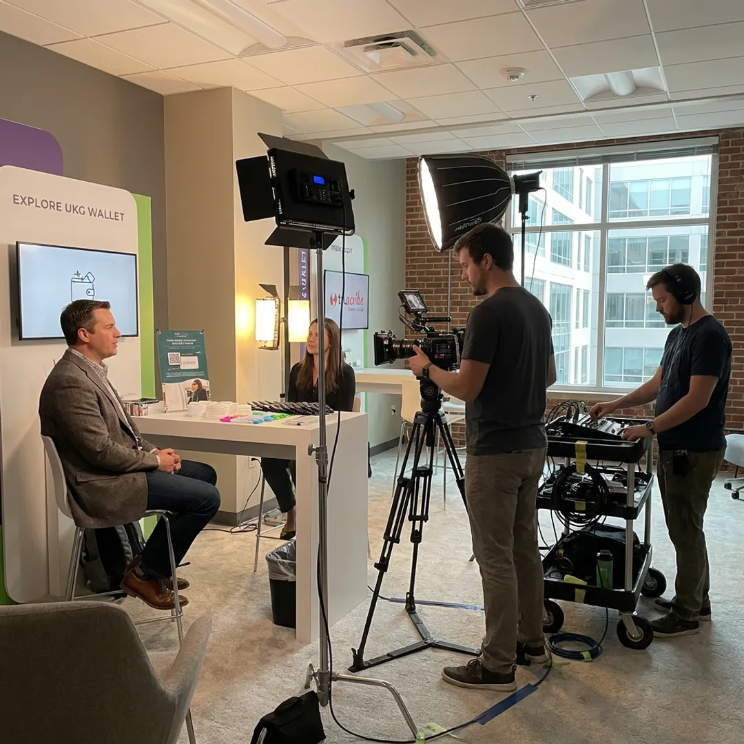 Corporate video production crew filming an interview
