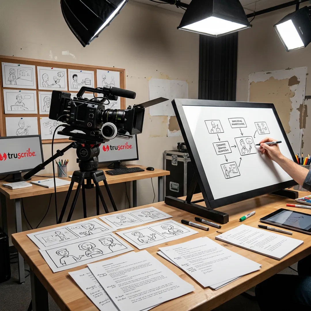Corporate video production setup with camera and storyboard