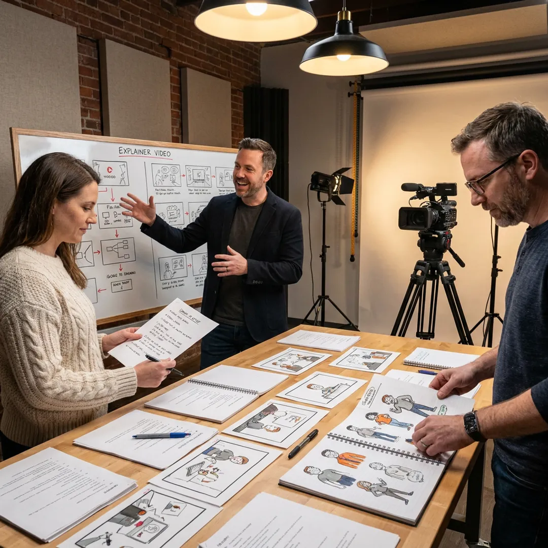 Video production team planning a corporate explainer video