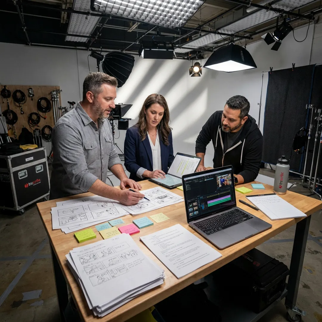 Video production team reviewing storyboard